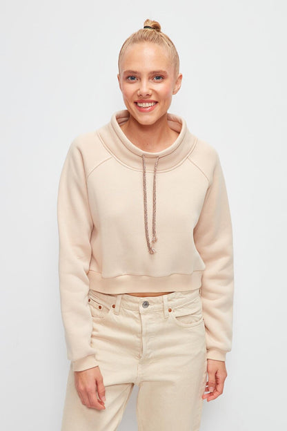 Solid Color Cord Detailed Short Sweatshirt