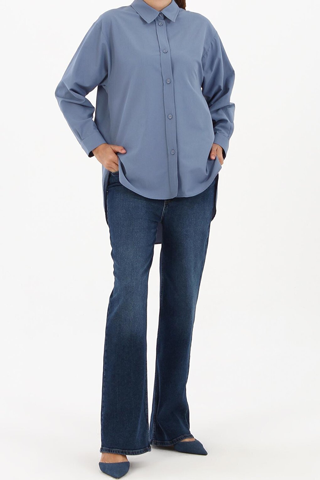 Blue Fabric Covered Buttoned Oversize Shirt