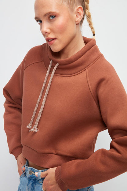 Solid Color Cord Detailed Short Sweatshirt