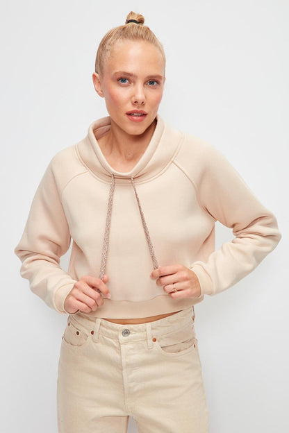 Solid Color Cord Detailed Short Sweatshirt