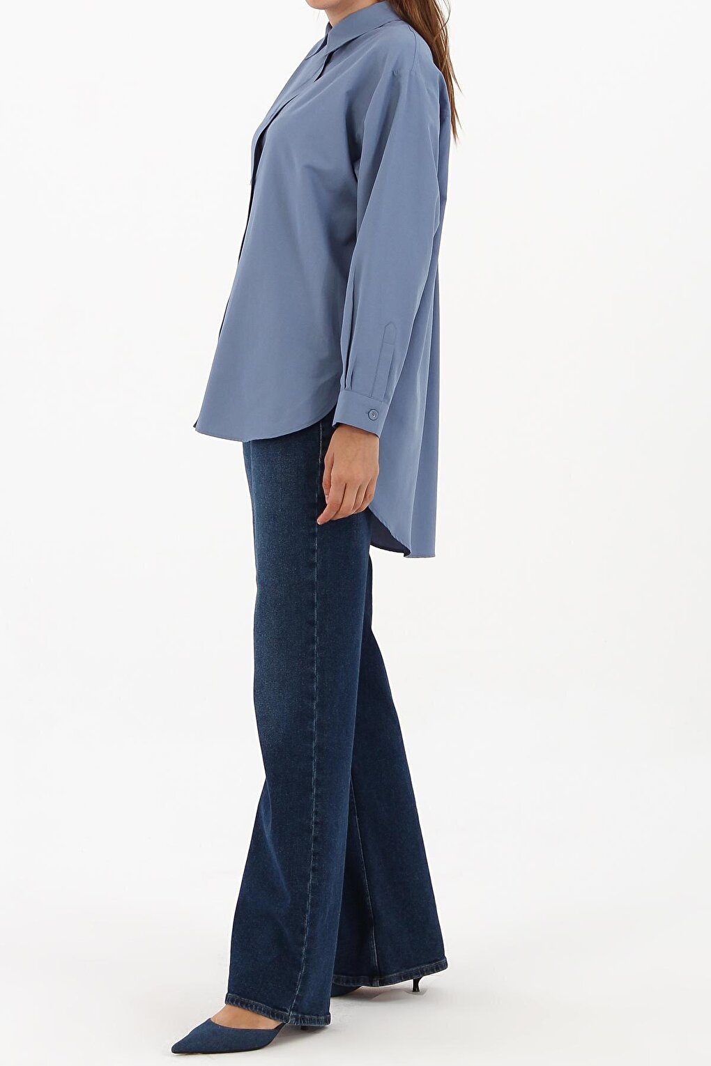 Blue Fabric Covered Buttoned Oversize Shirt