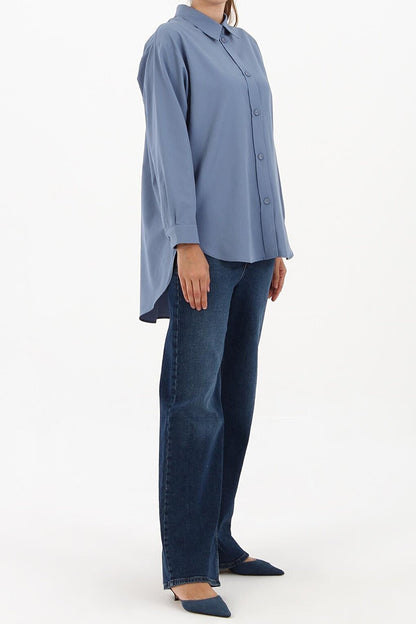 Blue Fabric Covered Buttoned Oversize Shirt