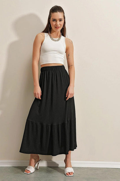 Women's Black Elastic Waist Layered Long Skirt HZL23S-BD118861