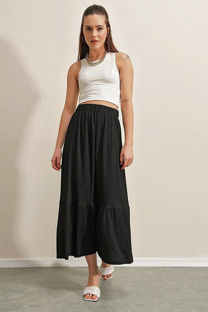 Women's Black Elastic Waist Layered Long Skirt HZL23S-BD118861