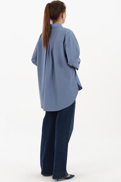 Blue Fabric Covered Buttoned Oversize Shirt