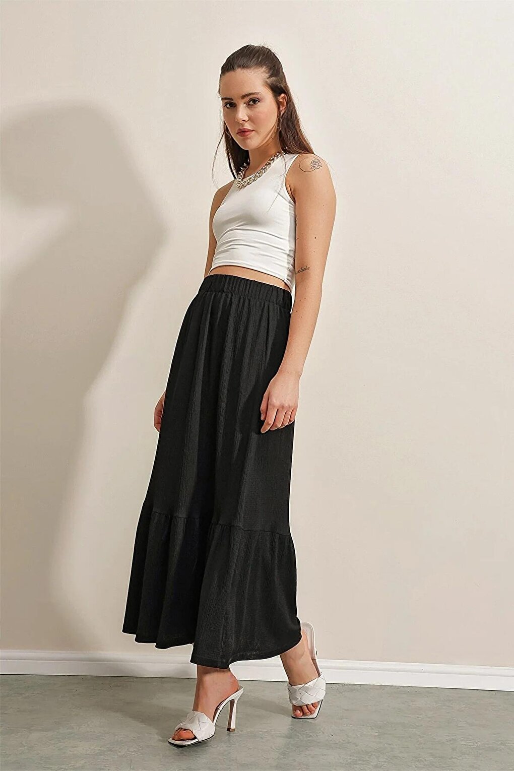 Women's Black Elastic Waist Layered Long Skirt HZL23S-BD118861