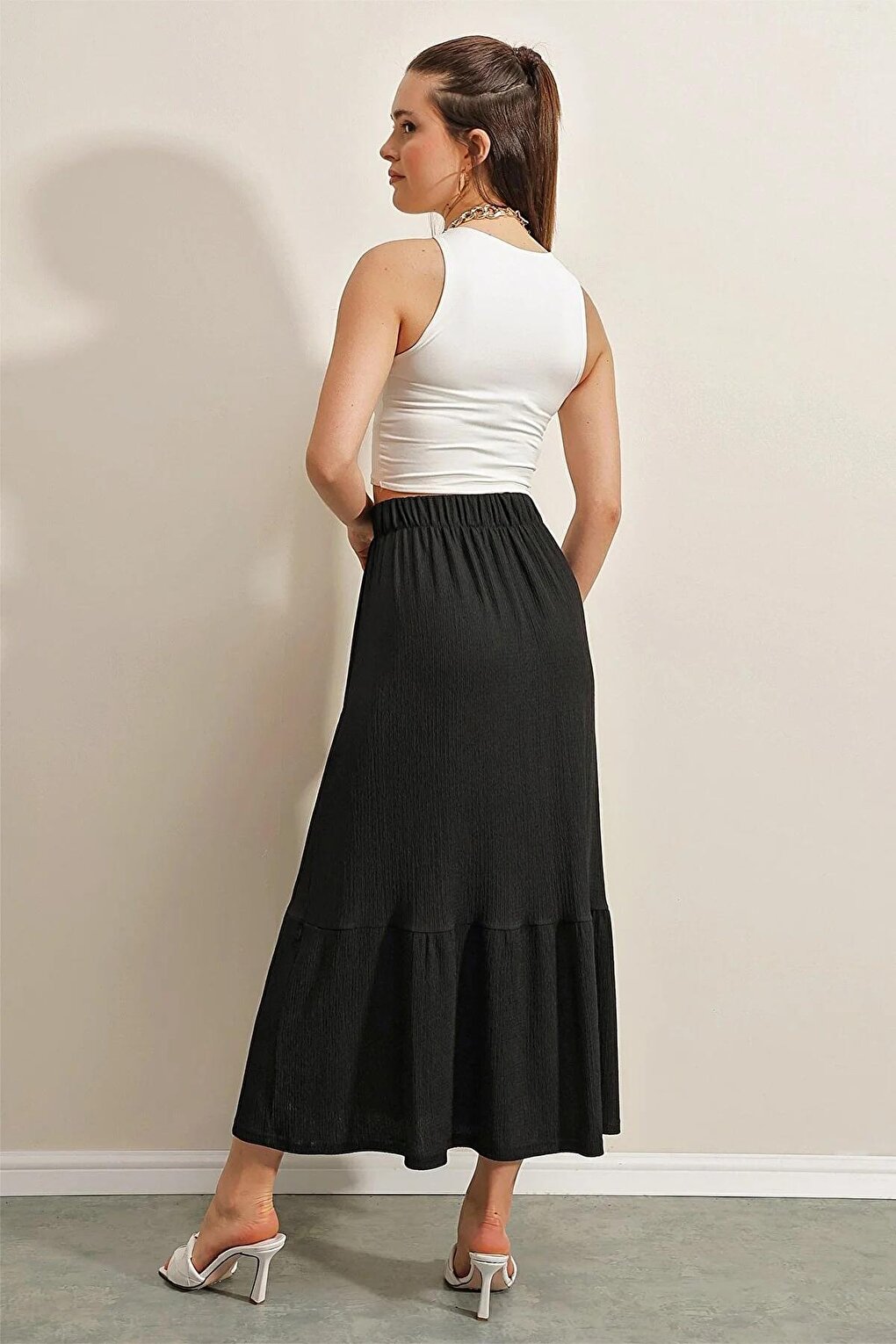 Women's Black Elastic Waist Layered Long Skirt HZL23S-BD118861