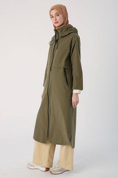 Khaki Hooded Pocket Zipper Trench Coat