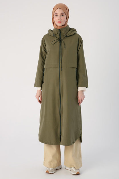 Khaki Hooded Pocket Zipper Trench Coat