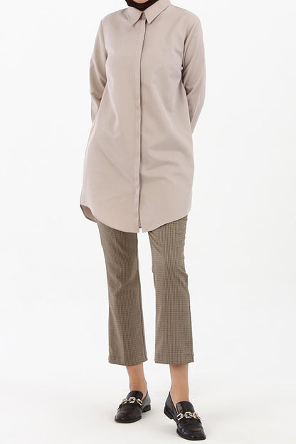 Sand Beige Basic Shirt Tunic with Hidden Placket