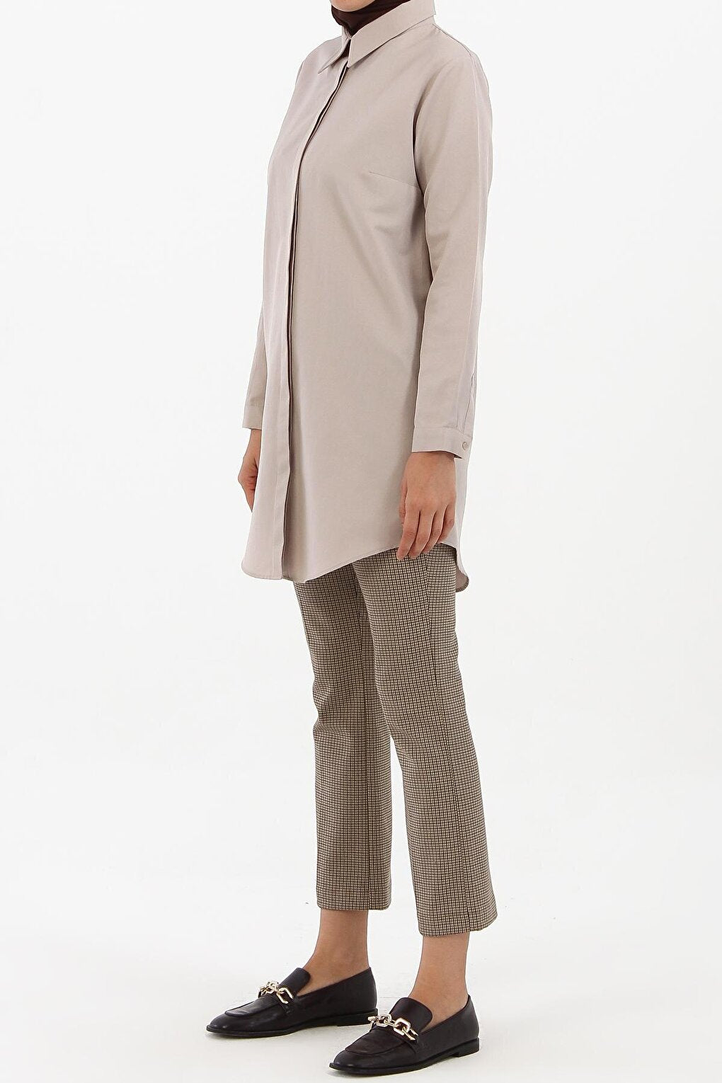 Sand Beige Basic Shirt Tunic with Hidden Placket