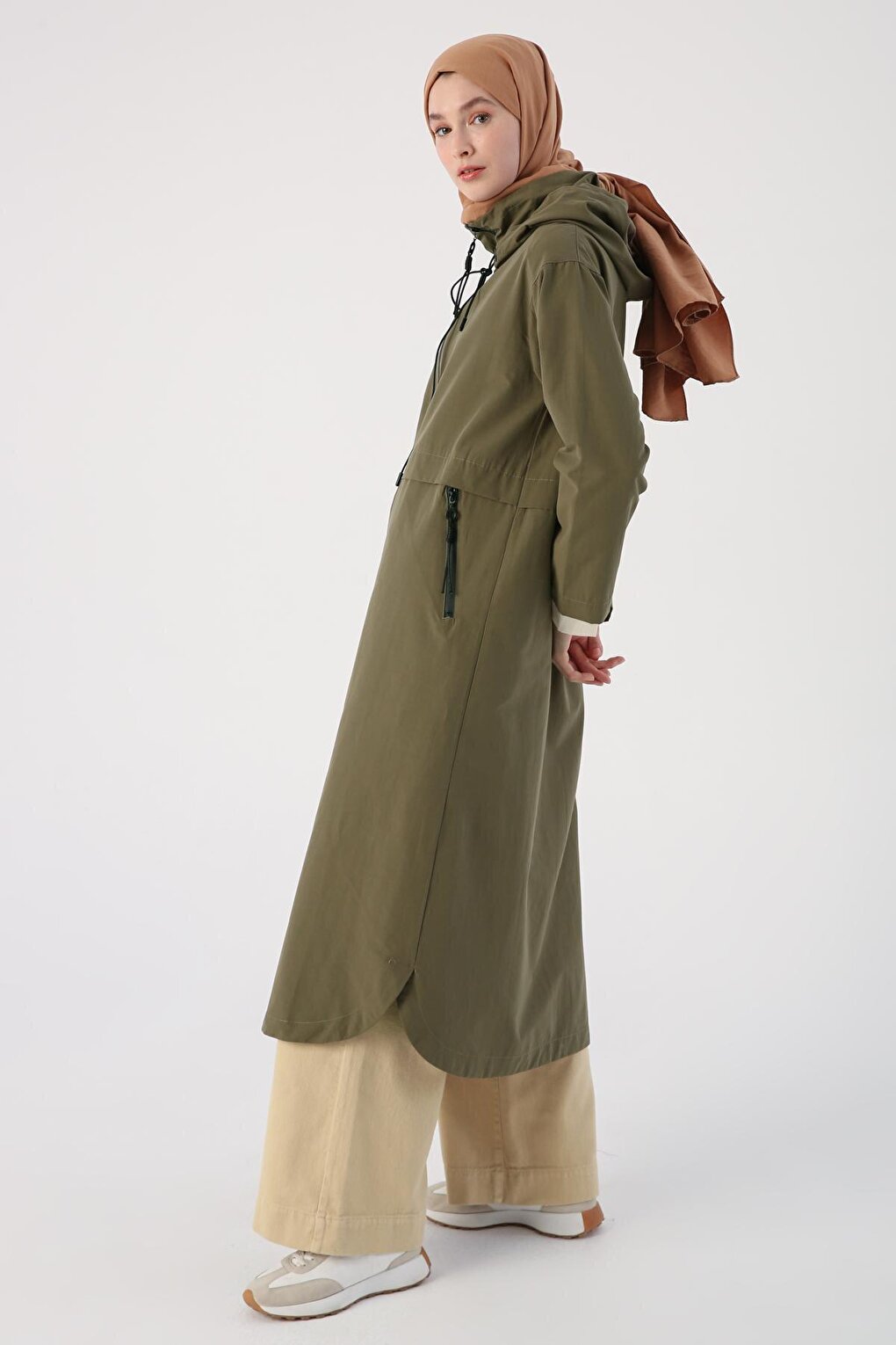 Khaki Hooded Pocket Zipper Trench Coat