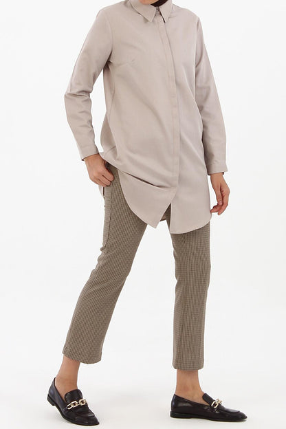 Sand Beige Basic Shirt Tunic with Hidden Placket