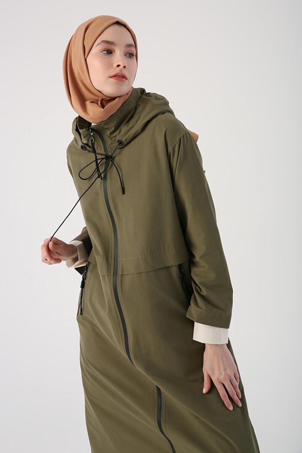 Khaki Hooded Pocket Zipper Trench Coat