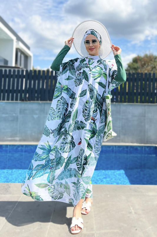 Single Kaftan Pareo Green Leaves Over Swimsuit