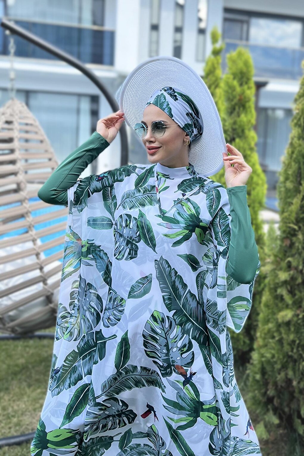 Single Kaftan Pareo Green Leaves Over Swimsuit