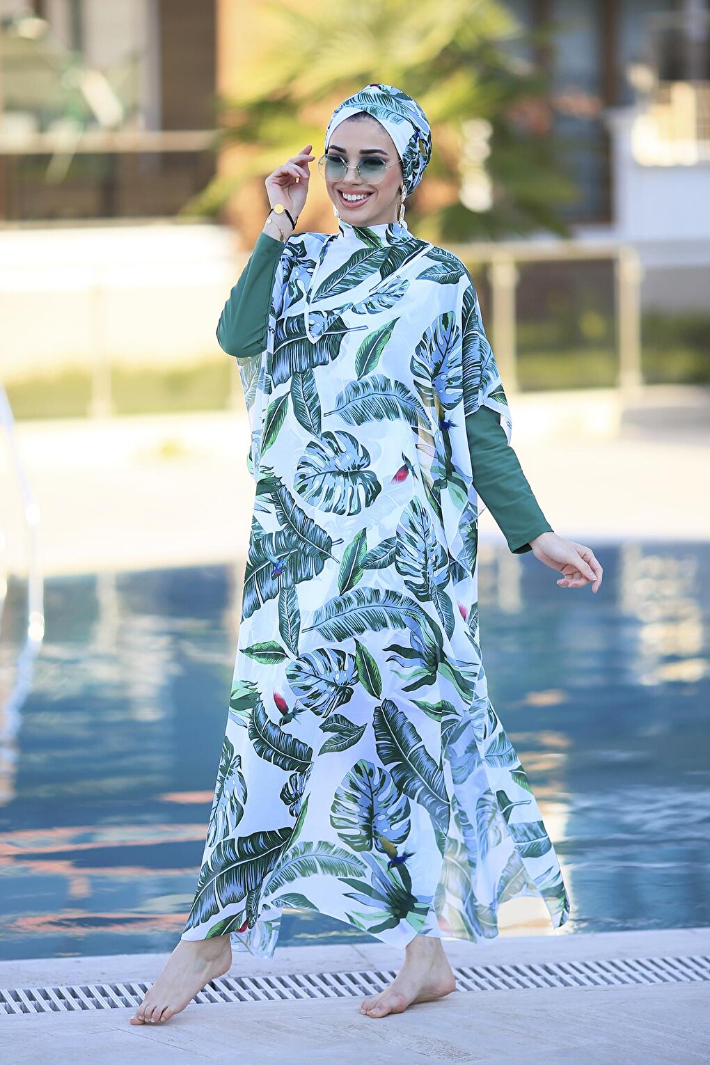 Single Kaftan Pareo Green Leaves Over Swimsuit