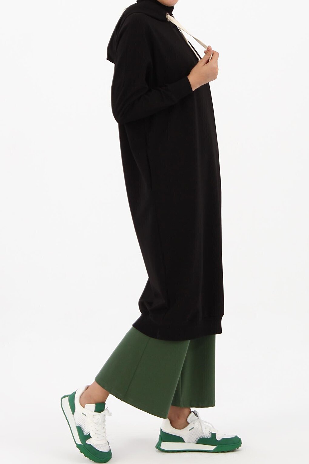 Black Eyelet Hooded Sweat Tunic with Pockets