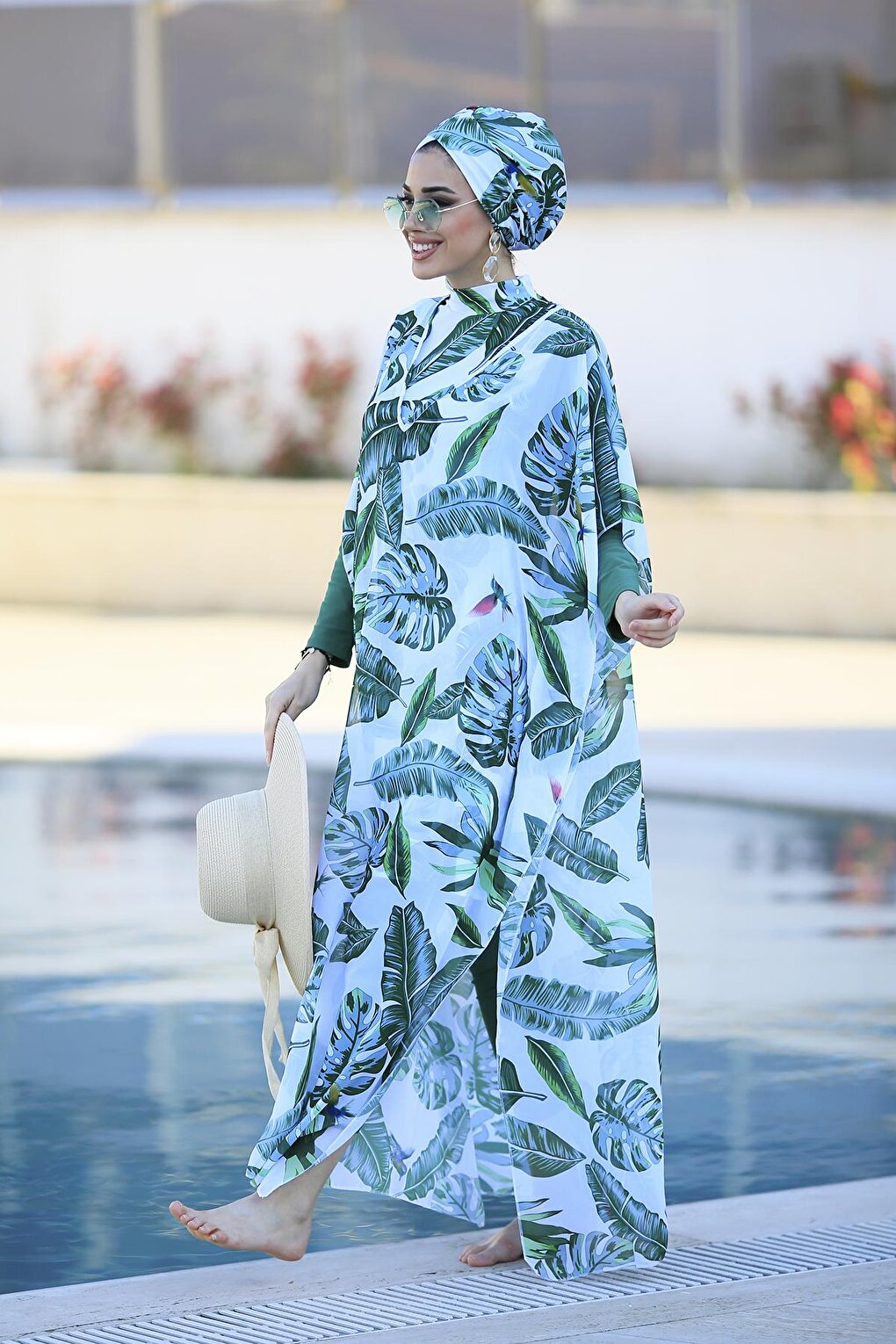 Single Kaftan Pareo Green Leaves Over Swimsuit