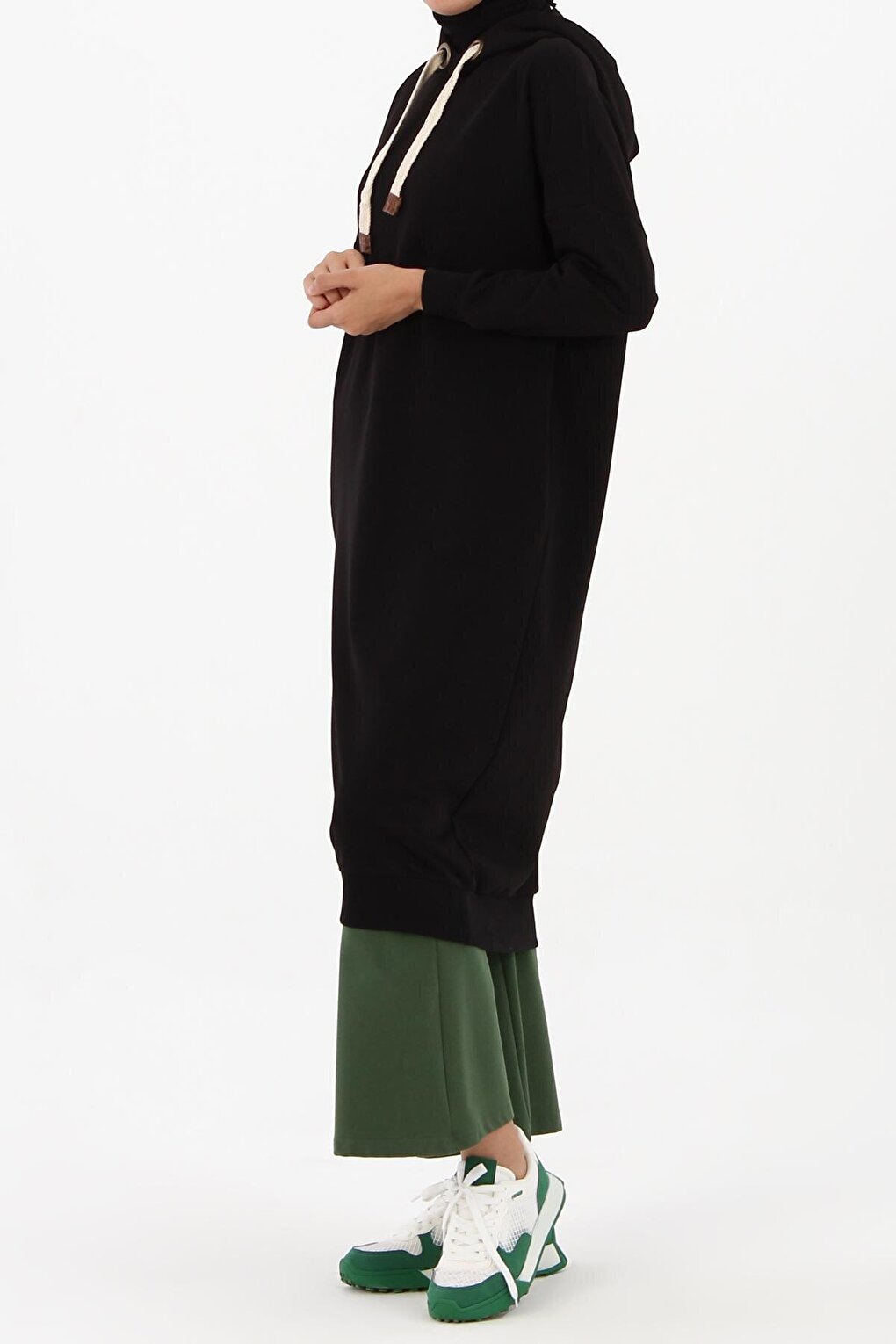 Black Eyelet Hooded Sweat Tunic with Pockets