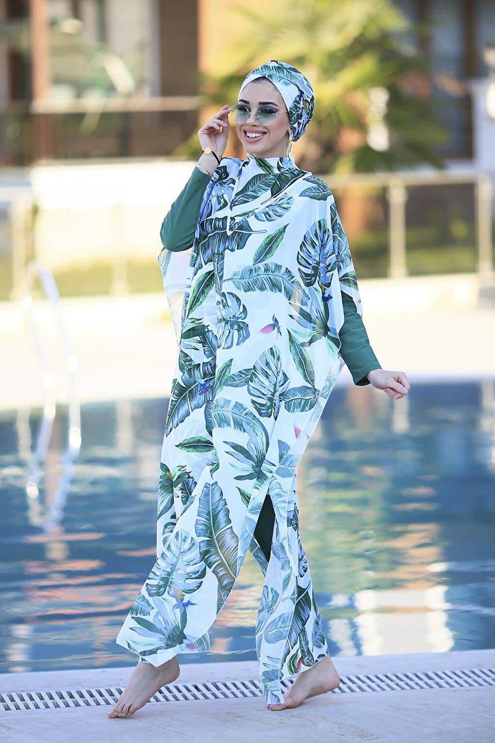 Single Kaftan Pareo Green Leaves Over Swimsuit