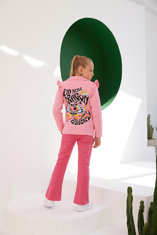 Girl's Seasonal Colorful Jacket with Butterfly Print on the Back and Ruffles