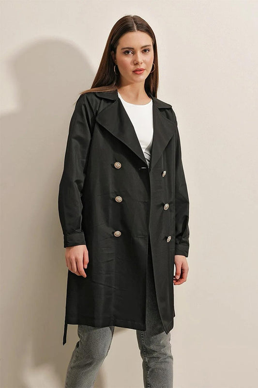 Women's Black Double Breasted Collar Belted Unlined Seasonal Casual Short Trench Coat Hzl23S-BD158641