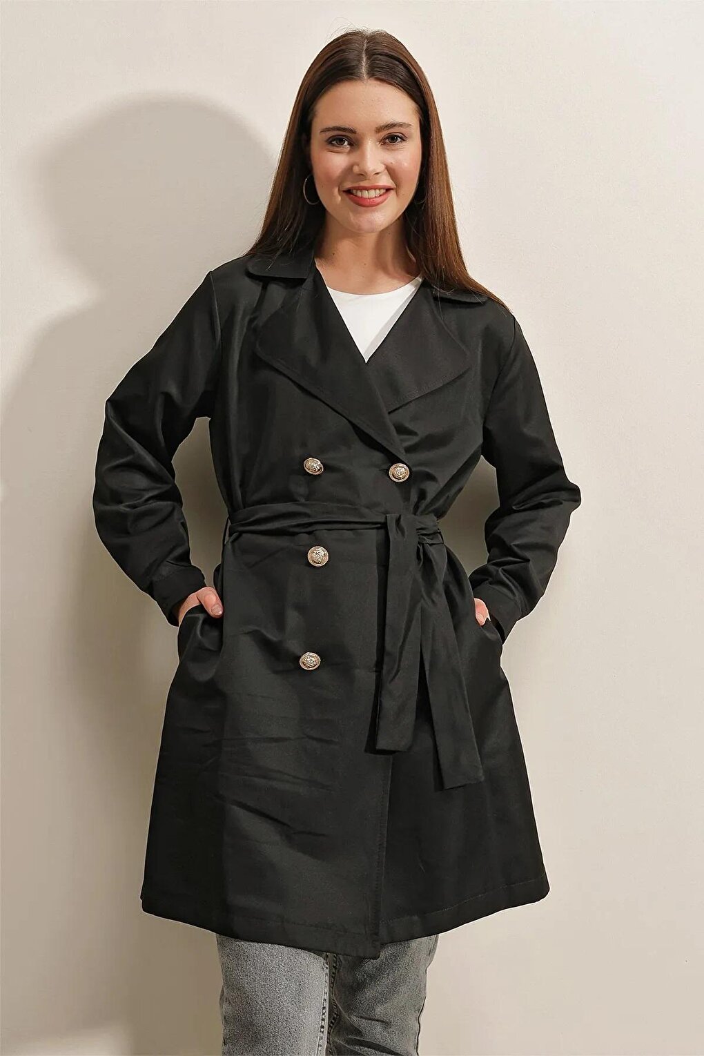 Women's Black Double Breasted Collar Belted Unlined Seasonal Casual Short Trench Coat Hzl23S-BD158641