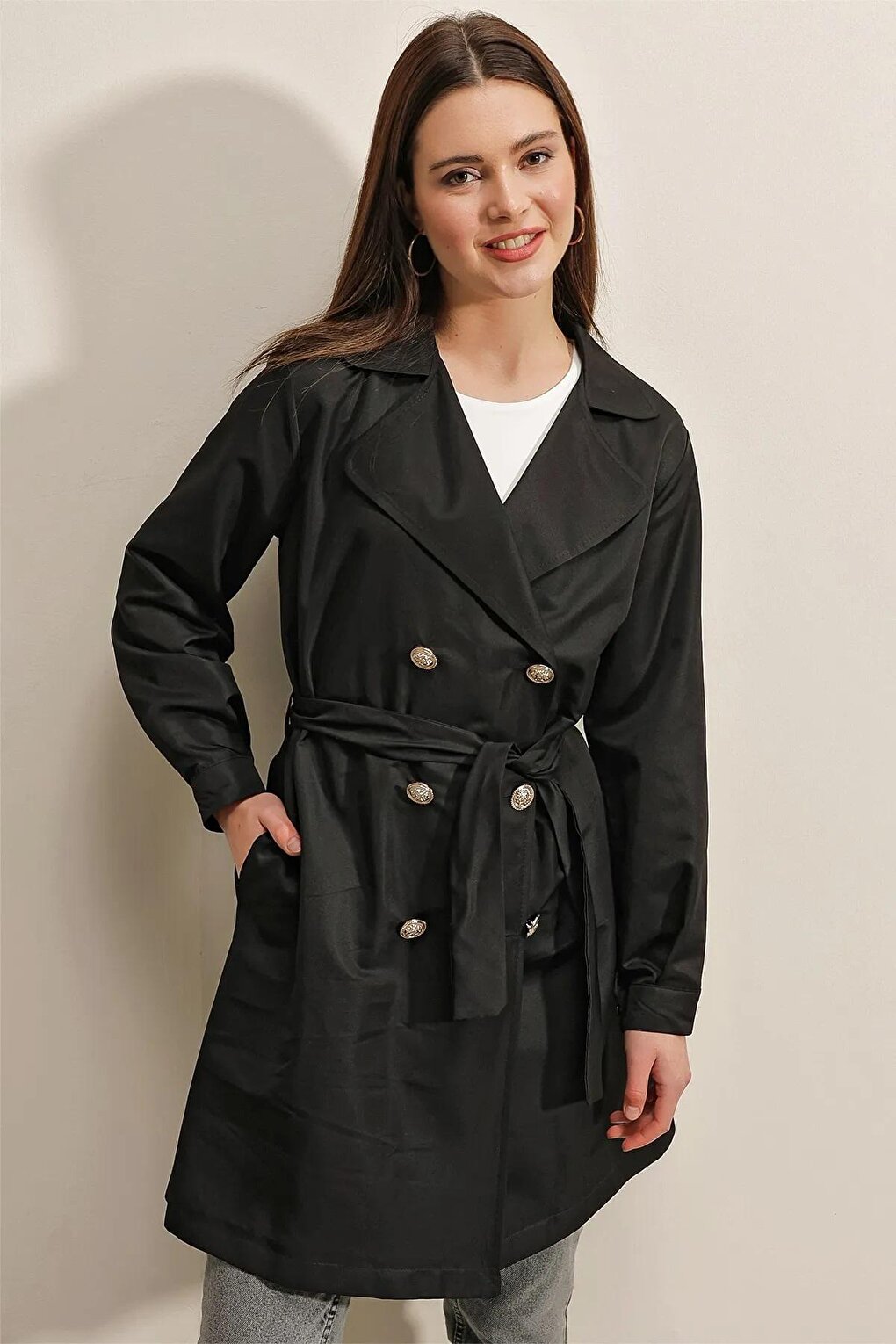 Women's Black Double Breasted Collar Belted Unlined Seasonal Casual Short Trench Coat Hzl23S-BD158641