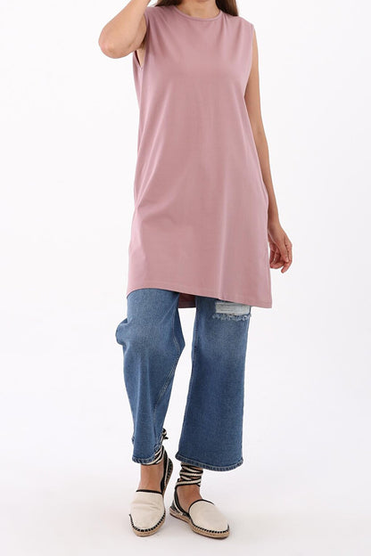 Dusty Rose Collar Piping Sleeveless Basic Tunic