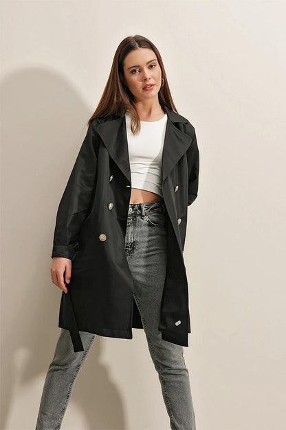 Women's Black Double Breasted Collar Belted Unlined Seasonal Casual Short Trench Coat Hzl23S-BD158641