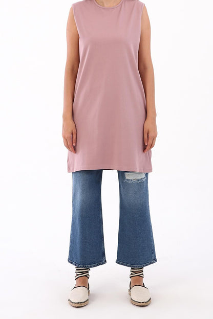 Dusty Rose Collar Piping Sleeveless Basic Tunic