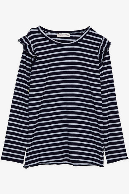 Girl's Long Sleeve T-Shirt Striped Ruffle Shoulder Navy Blue (6-12 Years)