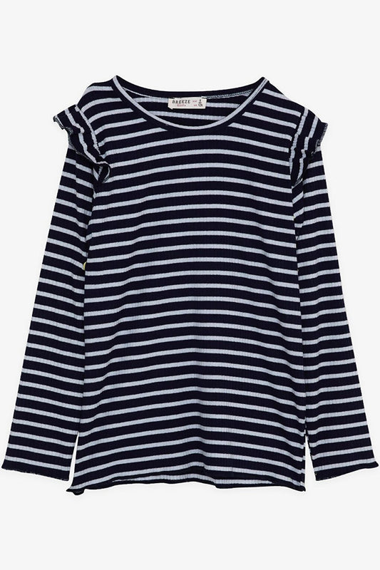 Girl's Long Sleeve T-Shirt Striped Ruffle Shoulder Navy Blue (6-12 Years)