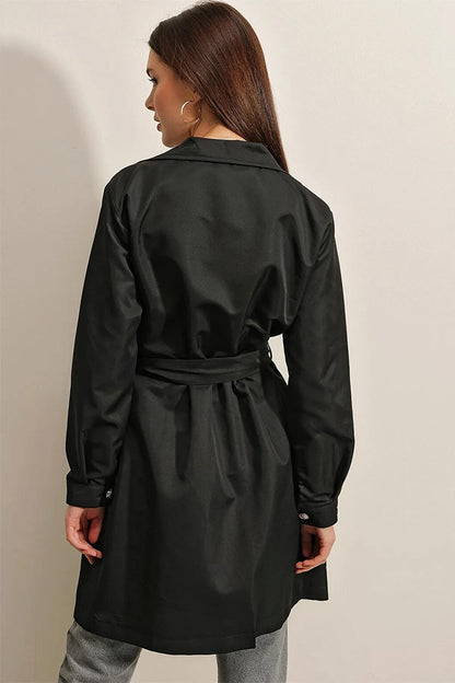 Women's Black Double Breasted Collar Belted Unlined Seasonal Casual Short Trench Coat Hzl23S-BD158641