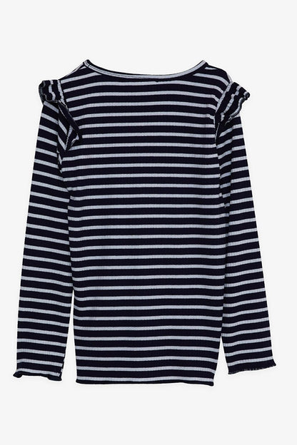 Girl's Long Sleeve T-Shirt Striped Ruffle Shoulder Navy Blue (6-12 Years)