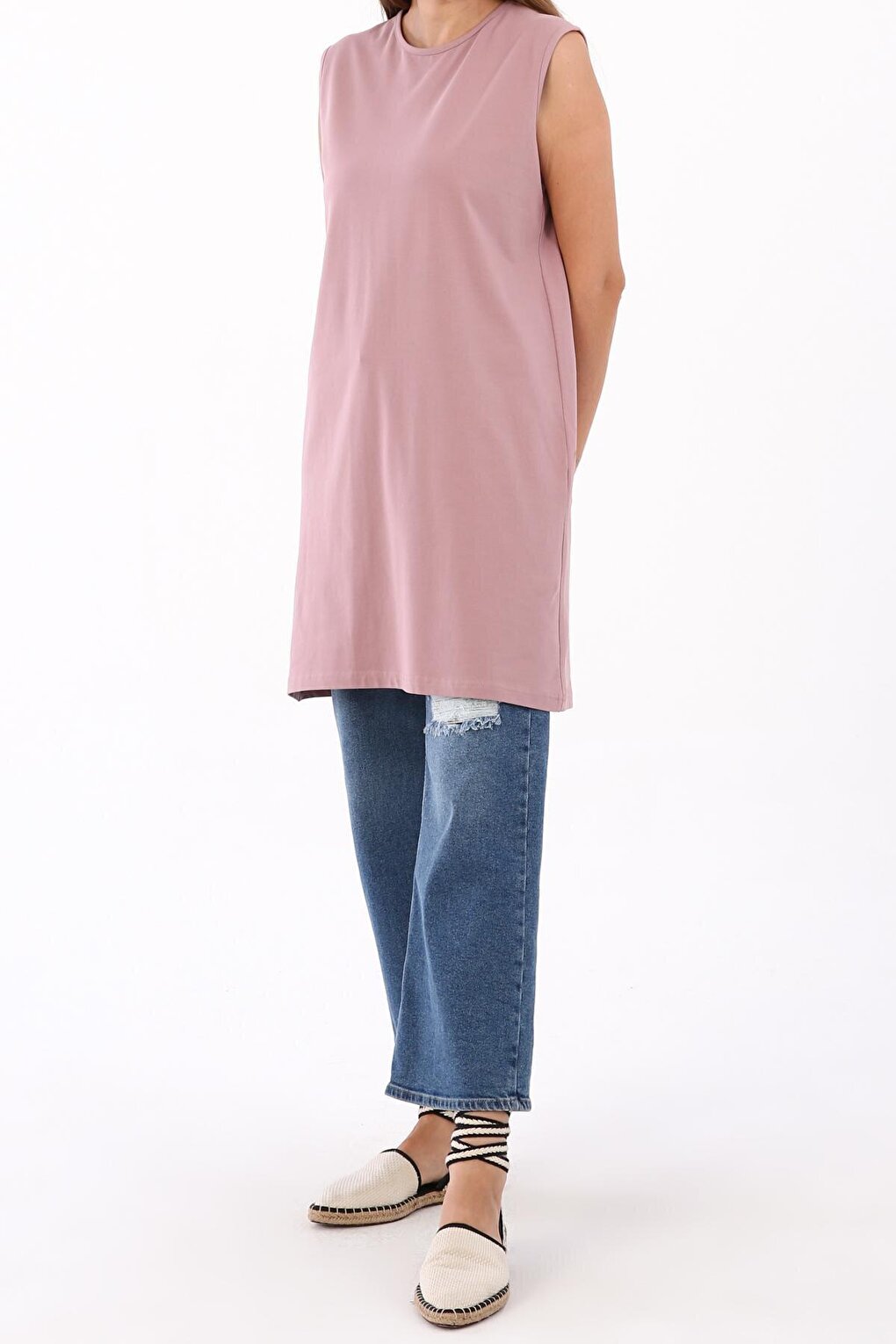 Dusty Rose Collar Piping Sleeveless Basic Tunic