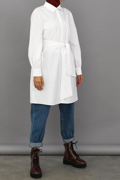 White Balloon Sleeve Belt Detailed Shirt Tunic