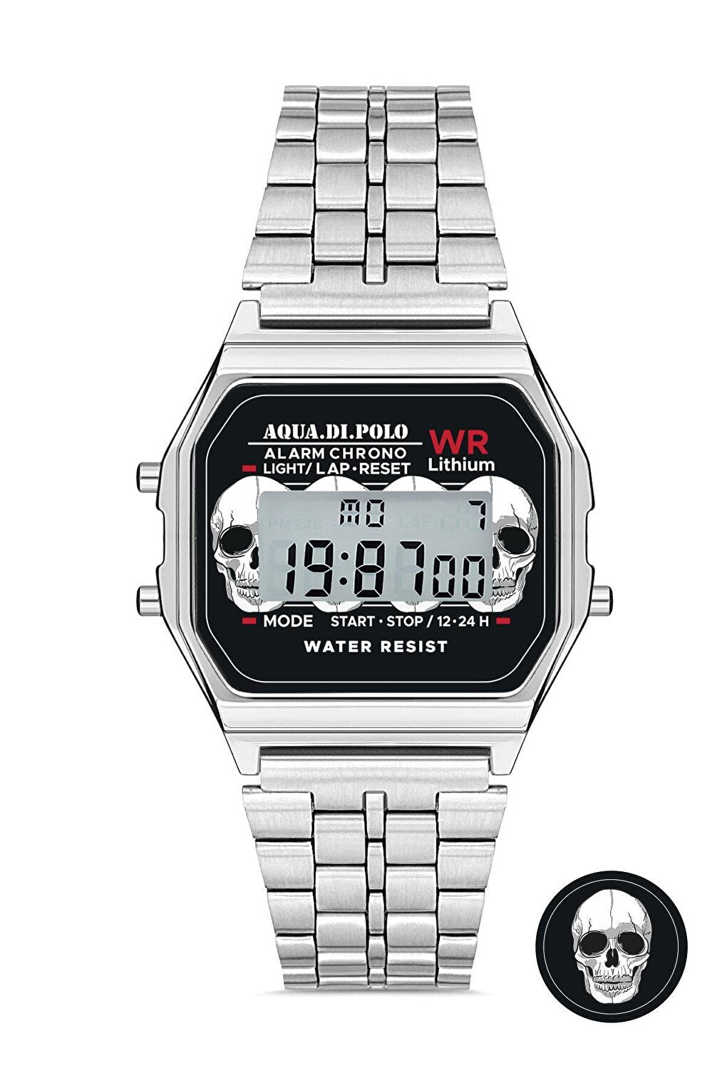 Unisex Silver Retro Skull Patterned Digital Wristwatch Apwa064601