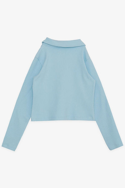 Girl's Long Sleeve Crop T-Shirt Polo Neck Half Zipper Light Blue (Age 8-14)