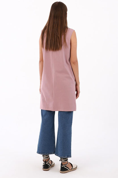 Dusty Rose Collar Piping Sleeveless Basic Tunic