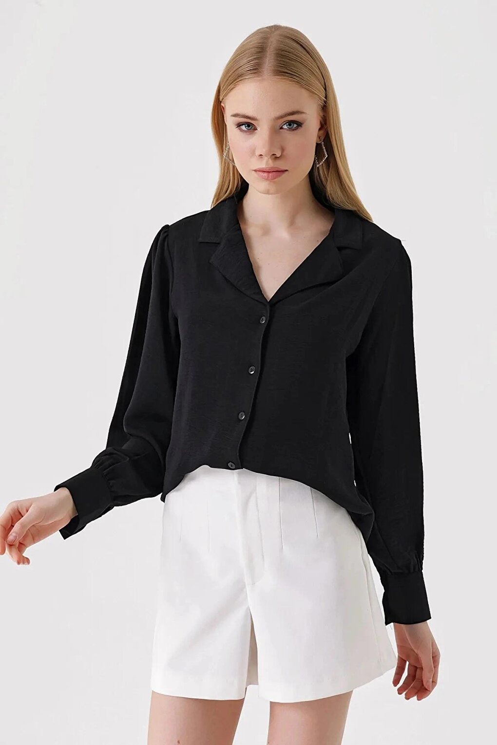 Women's Black Jacket Collar Loose Woven Shirt HZL23S-BD1201391