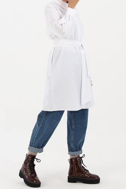 White Balloon Sleeve Belt Detailed Shirt Tunic