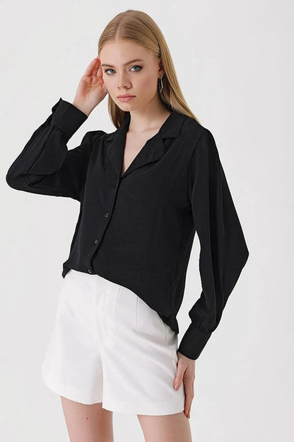 Women's Black Jacket Collar Loose Woven Shirt HZL23S-BD1201391