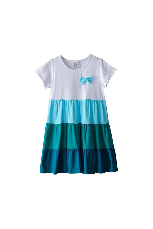 White + Dark Petrol Girl's Short Sleeve Bow Tiered Colorful Layered Dress