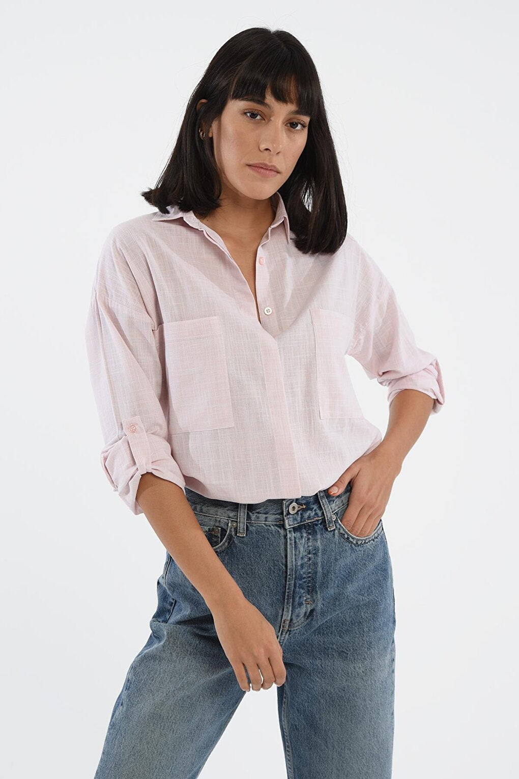 Light Pink Comfortable Fit Long Shirt with Pockets 75355-203