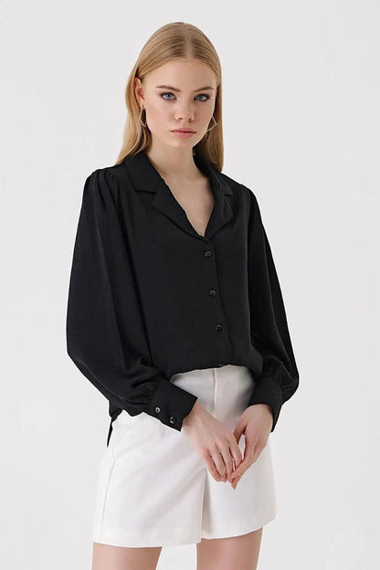 Women's Black Jacket Collar Loose Woven Shirt HZL23S-BD1201391