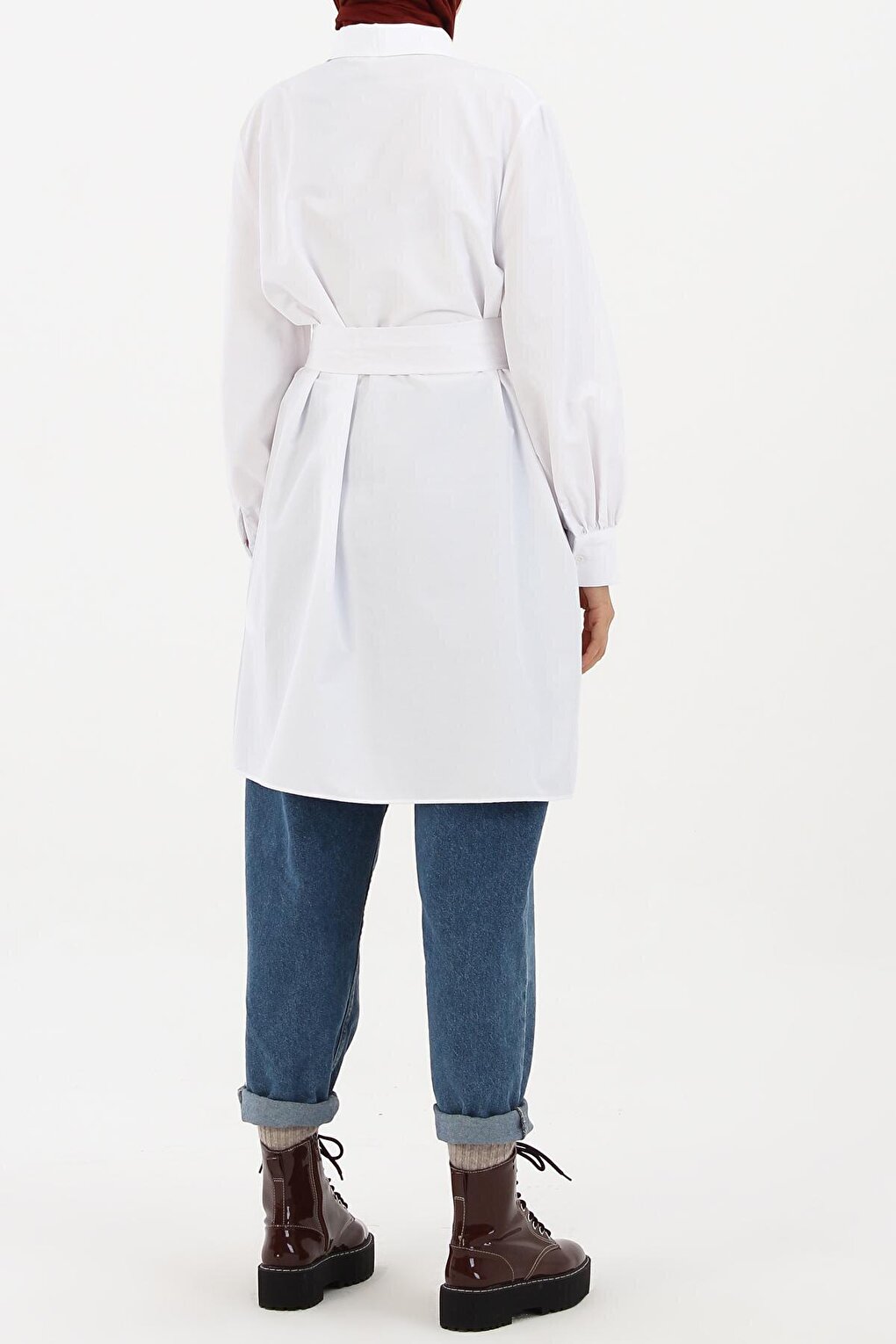 White Balloon Sleeve Belt Detailed Shirt Tunic