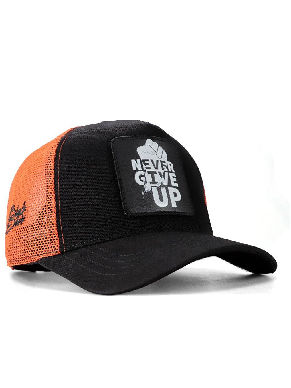 V1 Trucker Never Give Up - Unisex Black-Orange Hat (Cap) with 3 Code Logo