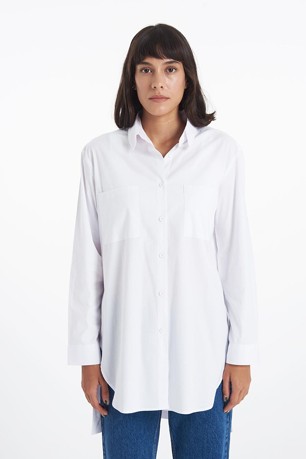 Oversize Long Buttoned Slit White Shirt 75354-008